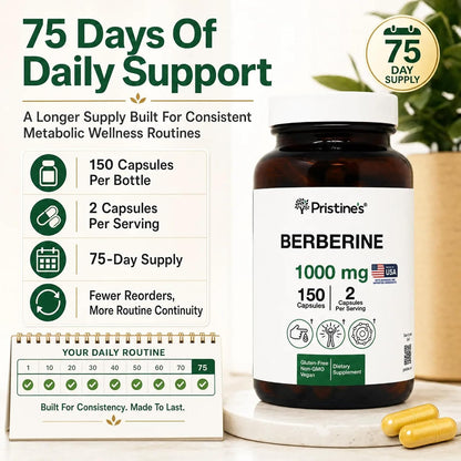 PRISTINE'S Berberine 1000mg Capsules, Daily Wellness Support, 75 Day Supply | Simple 2-capsule berberine routine with 1000mg per serving. Daily wellness, 75 day supply, vegan, non-GMO, gluten-free