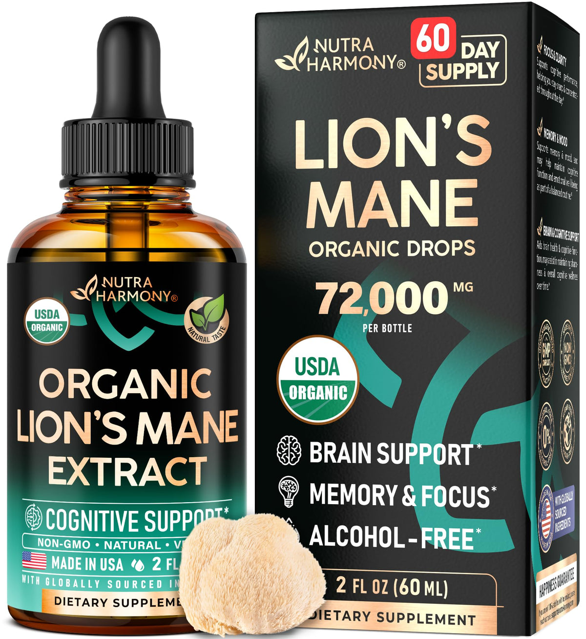Lions Mane Liquid - USDA Certified Organic Lions Mane Supplement - Brain Support, Energy, Memory & Focus - Sugar & Alcohol-Free Lion's Mane Mushroom Extract 72,000 mg / Bottle, 2 Fl OZ, 2 Month Supply
