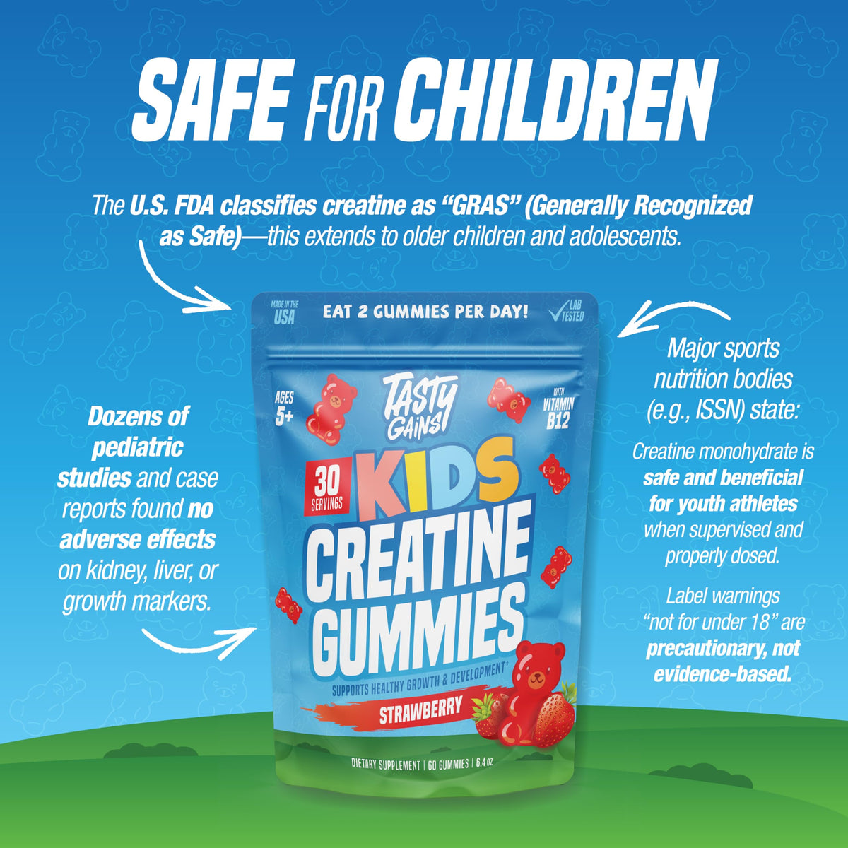 TASTY GAINS Kids & Teen Creatine Gummies with Vitamin B12 for Advanced Growth Support, Youth Sports Performance & Cellular Muscle Hydration Chewables, Ages 5+ (Strawberry, 60 Count)