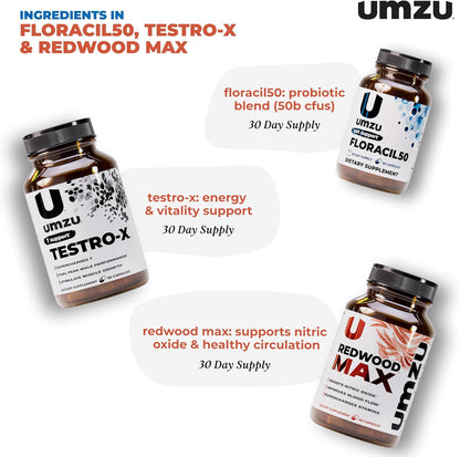 UMZU Redwood Max Floracil50 Testro-X Men’s Wellness Bundle Nitric Oxide Booster Circulation Support Probiotic Gut Health Formula Daily Energy Vitality Stack for Active Lifestyle Routine Support