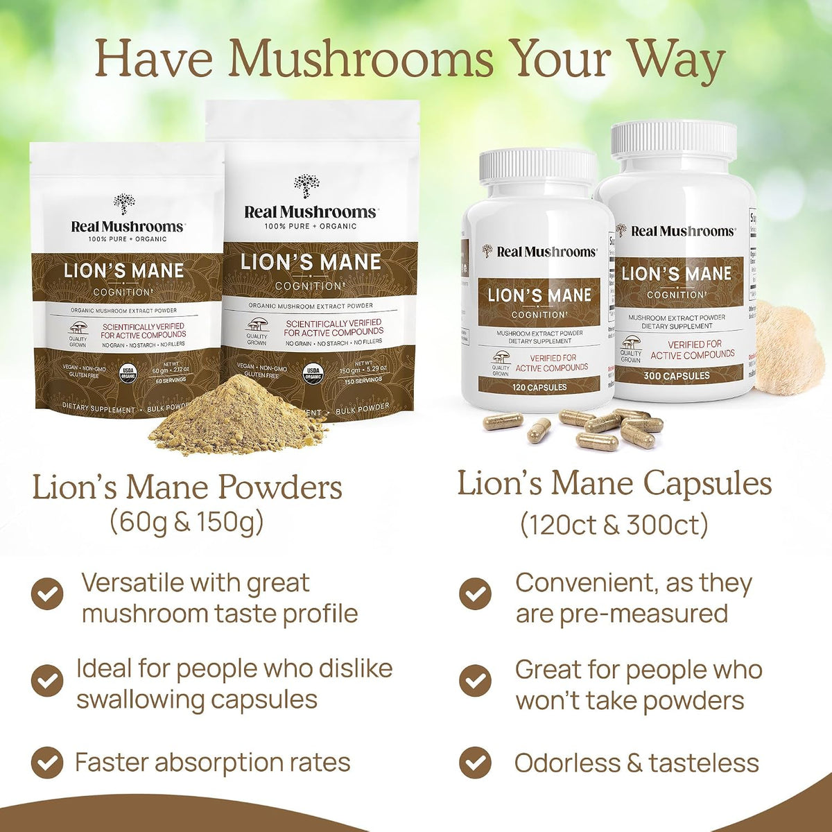 Real Mushrooms RealClarity (60ct) and Lions Mane (120ct) Capsules Bundle - Mushroom Supplement for Brain Health, Mental Clarity, Focus, Cognition & Immune Support - Brain Vitamins w/Ashwagandha