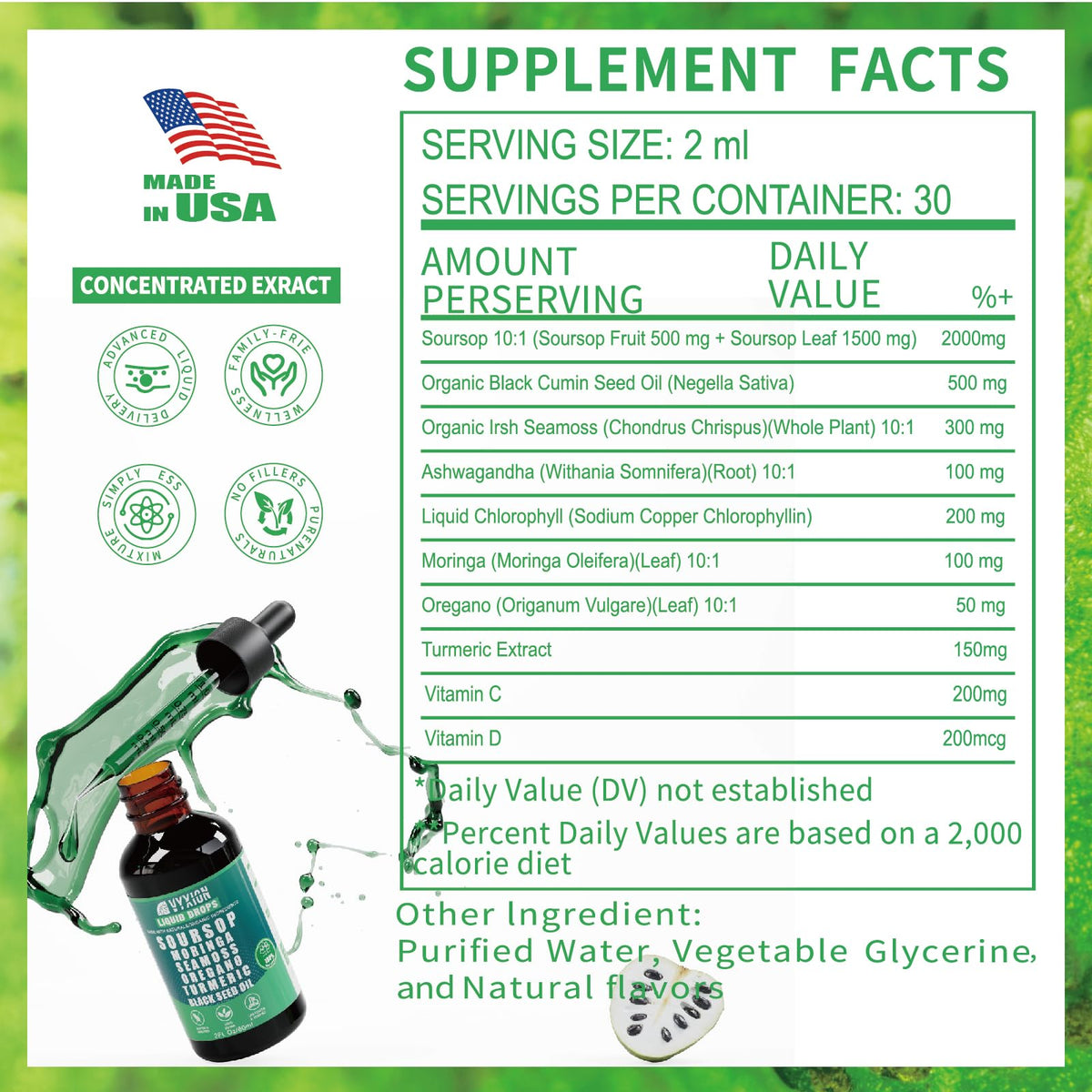 Soursop Bitters Liquid Drops 10 in 1 with Sea Moss, Moringa, Turmeric, Black Seed Oil, Oregano, Ashwagandha | Herbal Extracts for Overall Health-Enhancing |Vegan, Non-GMO| 2 Fl Oz(Mixed Berry Flavor)