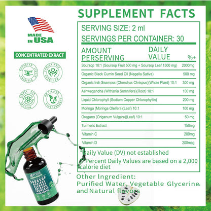 Soursop Bitters Liquid Drops 10 in 1 with Sea Moss, Moringa, Turmeric, Black Seed Oil, Oregano, Ashwagandha | Herbal Extracts for Overall Health-Enhancing |Vegan, Non-GMO| 2 Fl Oz(Mixed Berry Flavor)
