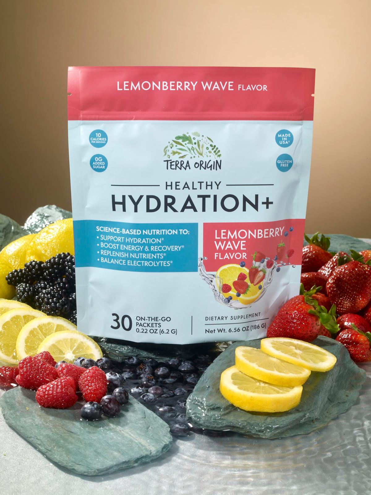 TERRA ORIGIN Healthy Hydration+ Electrolyte Powder Packets | Sugar Free, Gluten Free Drink Mix | Lemonade | 30 Servings (1-Pack)