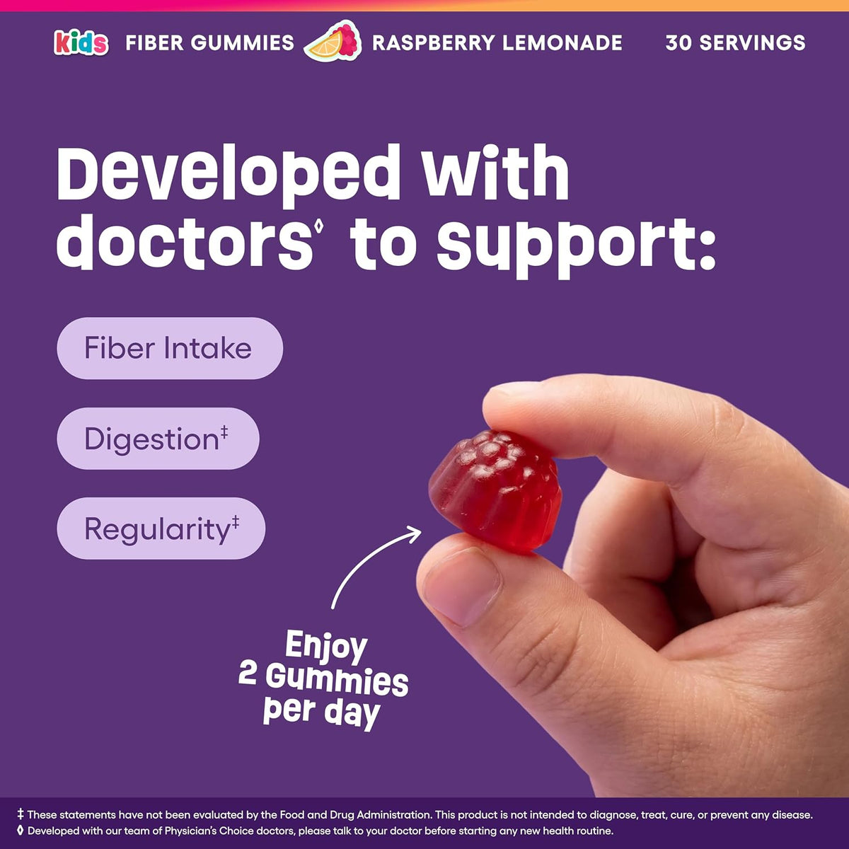 Physician's Choice Fiber Gummies for Kids - Supports Regularity, Occasional Constipation & Digestive Health - Sugar Free, Vegan, No Artificial Flavors - 3g Prebiotic Fiber - Raspberry Lemonade - 60 CT