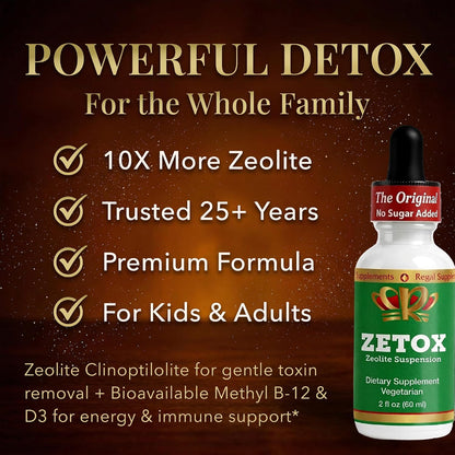 ZETOX | Zeolite Detox for Kids and Adults | Enhanced with Methyl Vitamin B12 and D3 | Premium Grade Liquid Clinoptilolite Zeolite Drops | Supports Gentle Daily Detox, Energy, and Focus (60 Servings)