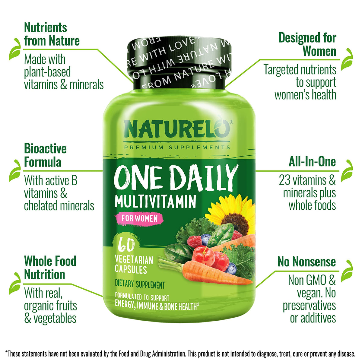 NATURELO One Daily Multivitamin for Women w/Vitamin B12, 120 Ct, Energy Support, Whole Food Daily Women Multivitamin Supplement, Nourish Hair/Skin/Nail, Non-GMO, No Soy, Gluten Free, 4 Month Supply