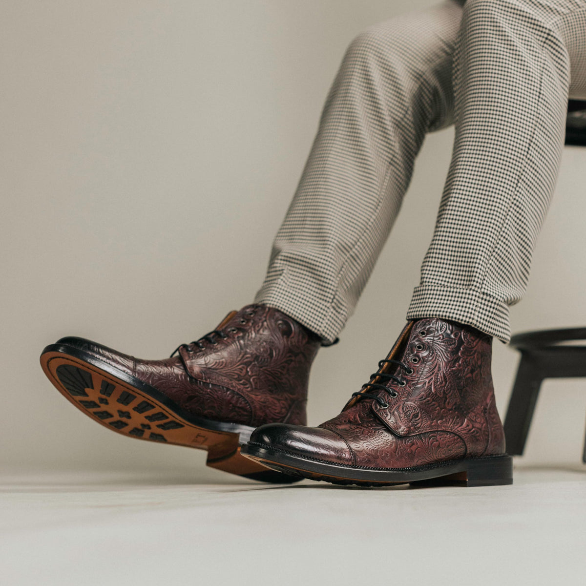 TAFT Mens Rome Genuine Leather Embossed Lace-up Ankle Boot Floral Cushioned Block Heel Round Cap Toe Casual Shoe Morado Viejo 8.5 Medium MENS US