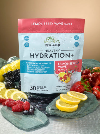 TERRA ORIGIN Healthy Hydration+ Electrolyte Powder Packets | Sugar Free, Gluten Free Drink Mix | Lemonade | 30 Servings (1-Pack)