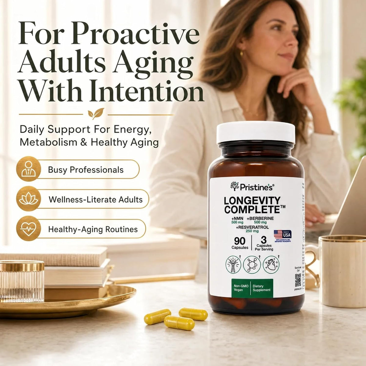 PRISTINE'S Longevity Complete NMN Resveratrol Anti-Aging Cellular Support | NMN, resveratrol and berberine in one longevity stack for anti-aging cellular support. Vegan, non-GMO, 90 count glass bottle