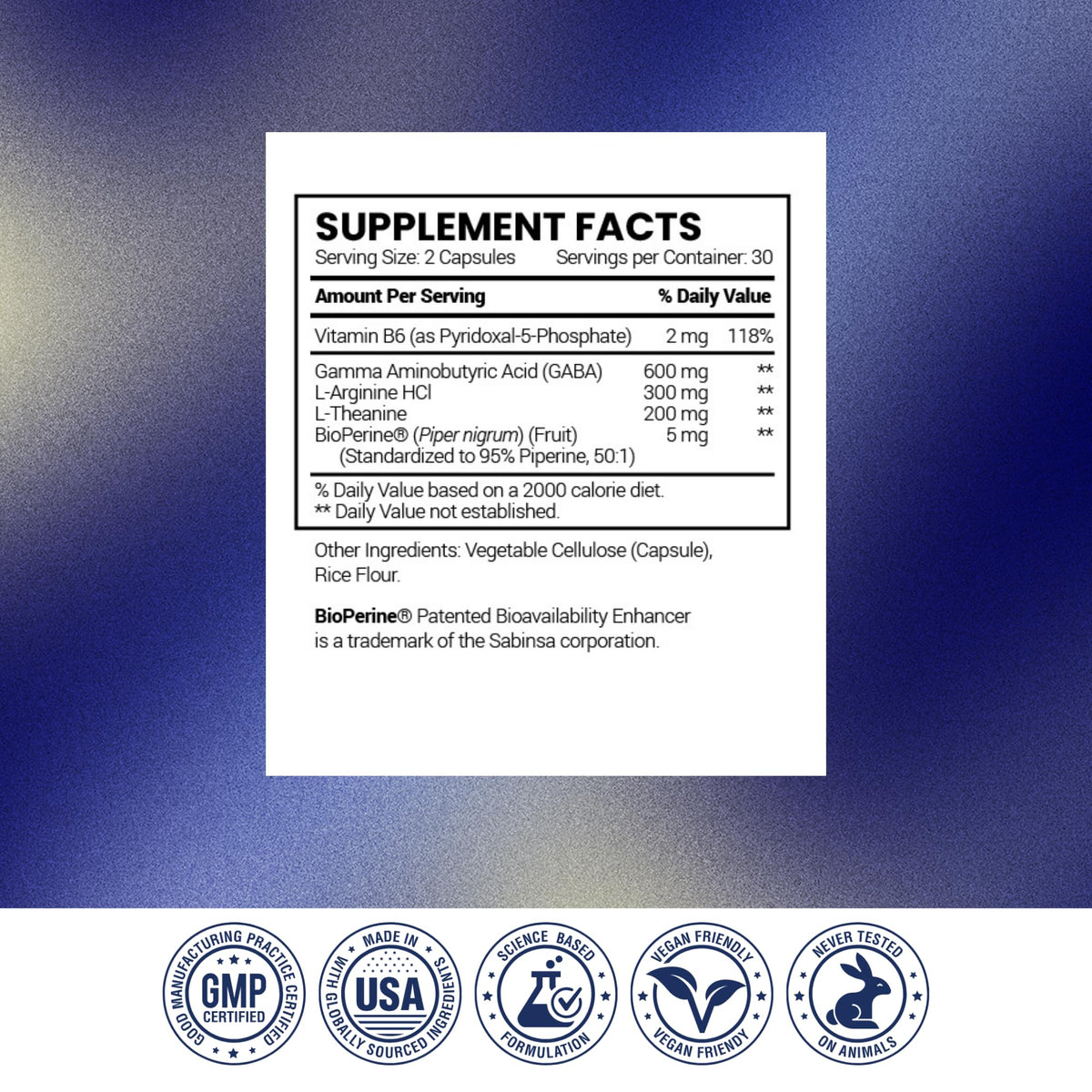 Research Verified GABA+ - Relaxation, Mood, Sleep - 600mg GABA, L-Arginine, L-Theanine, P5P, BioPerine - 60 Vegan Capsules - Pack of 1