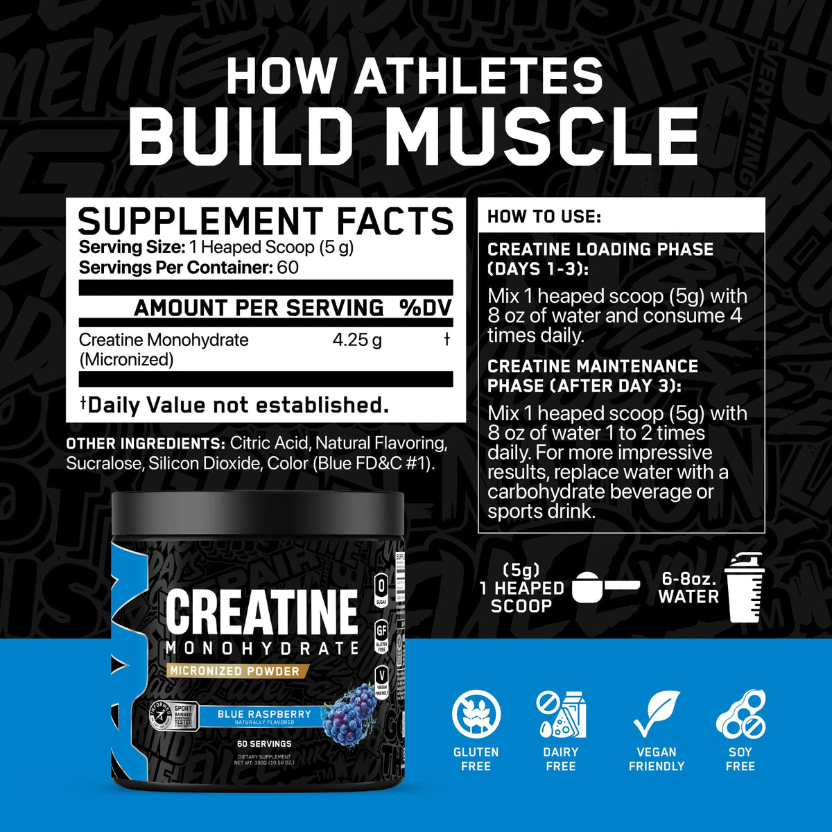 All Black Everything Creatine Monohydrate | Support Muscles, Cognitive Function | Micronized Amino Acid Powder | Cellular Energy | Workout Supplement for Men & Women | Unflavored | 60 Servings