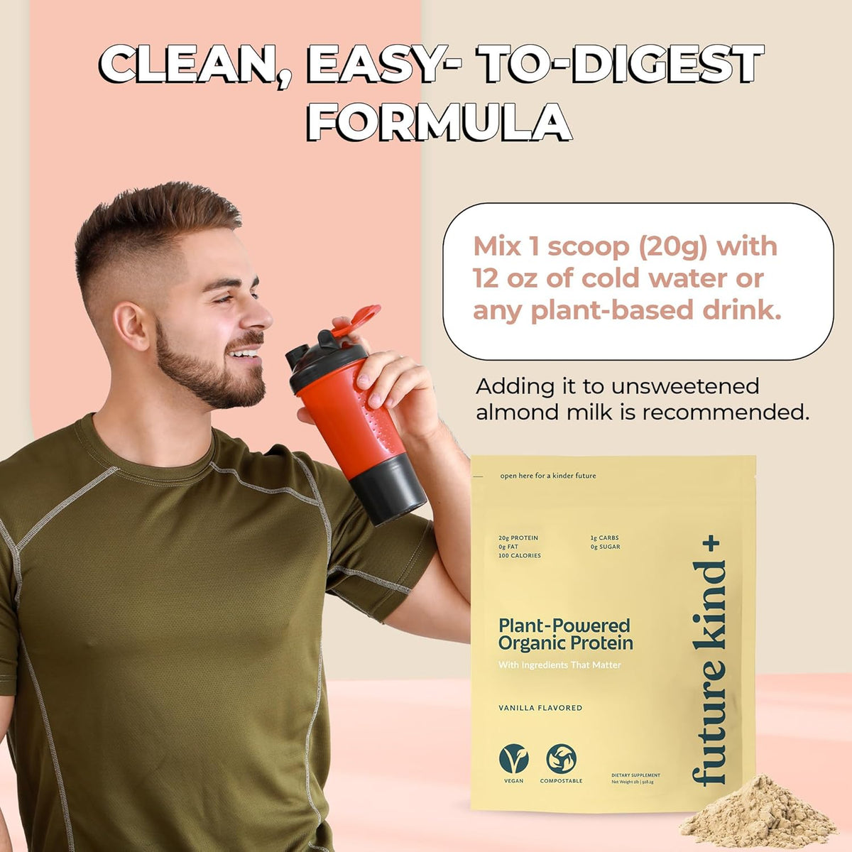 Future Kind Vegan Protein Powder, Vanilla, Pea Plant Protein for Lean Muscle with Iron & Fiber, Whey-Free, Sugar-Free, Soy-Free, Non-Dairy (34 Servings)