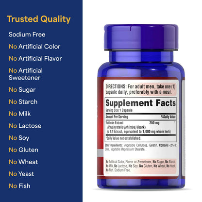 Puritan's Pride Yohimbe Exotic Herb for Men 250 mg (1000mg Equivalent), Dietary Supplement, 50 Rapid Release Capsules