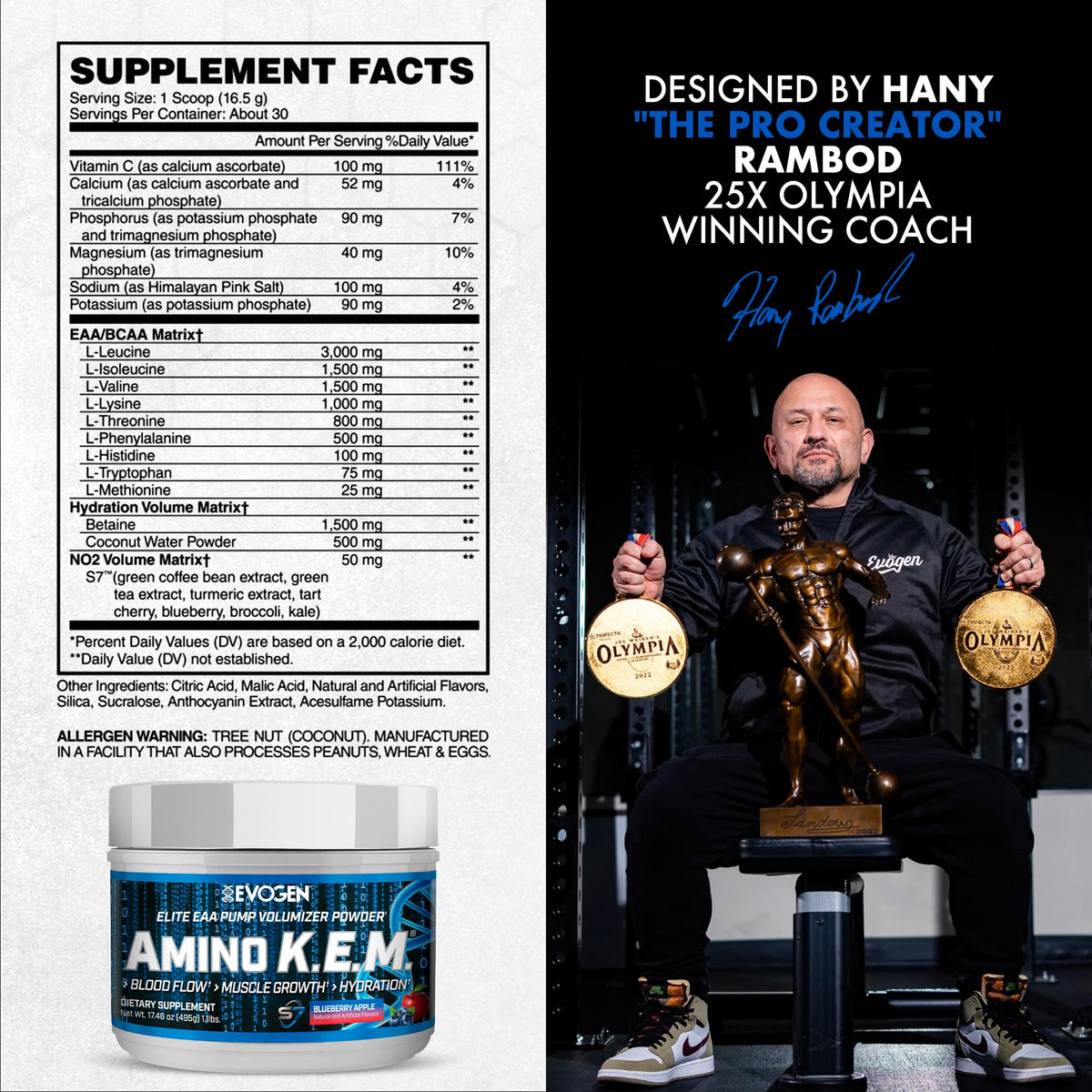 Evogen Amino K.E.M. EAA & BCAA | Tropic Thunder | 30 Servings | S7 nitric oxide blend with betaine anhydrous, coconut water and leucine for blood flow, muscle growth, hydration and recovery