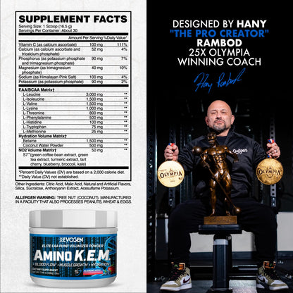Evogen Amino K.E.M. EAA & BCAA | Tropic Thunder | 30 Servings | S7 nitric oxide blend with betaine anhydrous, coconut water and leucine for blood flow, muscle growth, hydration and recovery