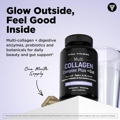 Vital Vitamins Multi Collagen Complex Plus + Gut, Probiotics & Enzymes | 5 Collagen Types I, II, III, V & X with Digestive Enzyme Blend, 3 Billion CFU Probiotic & Gut Botanicals, 90 Capsules