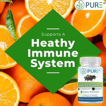 PURE® 5 in 1 Immune Formula - 120 Capsules - Black Elderberry 100 mg, Vitamin C 1000 mg, Vitamin D3 125 mcg (5000 IU), Zinc & Ginger Root - All-in-One Seasonal Defense Shield - Antioxidant Support USA
