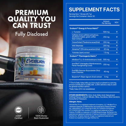 Evogen Evoburn Thermogenic | Mango | 30 Servings | MitoBurn, InnoSlim and ProGBB with caffeine, L-tyrosine, cocoa extract, DMAE and AdvantraZ for energy, focus and metabolism