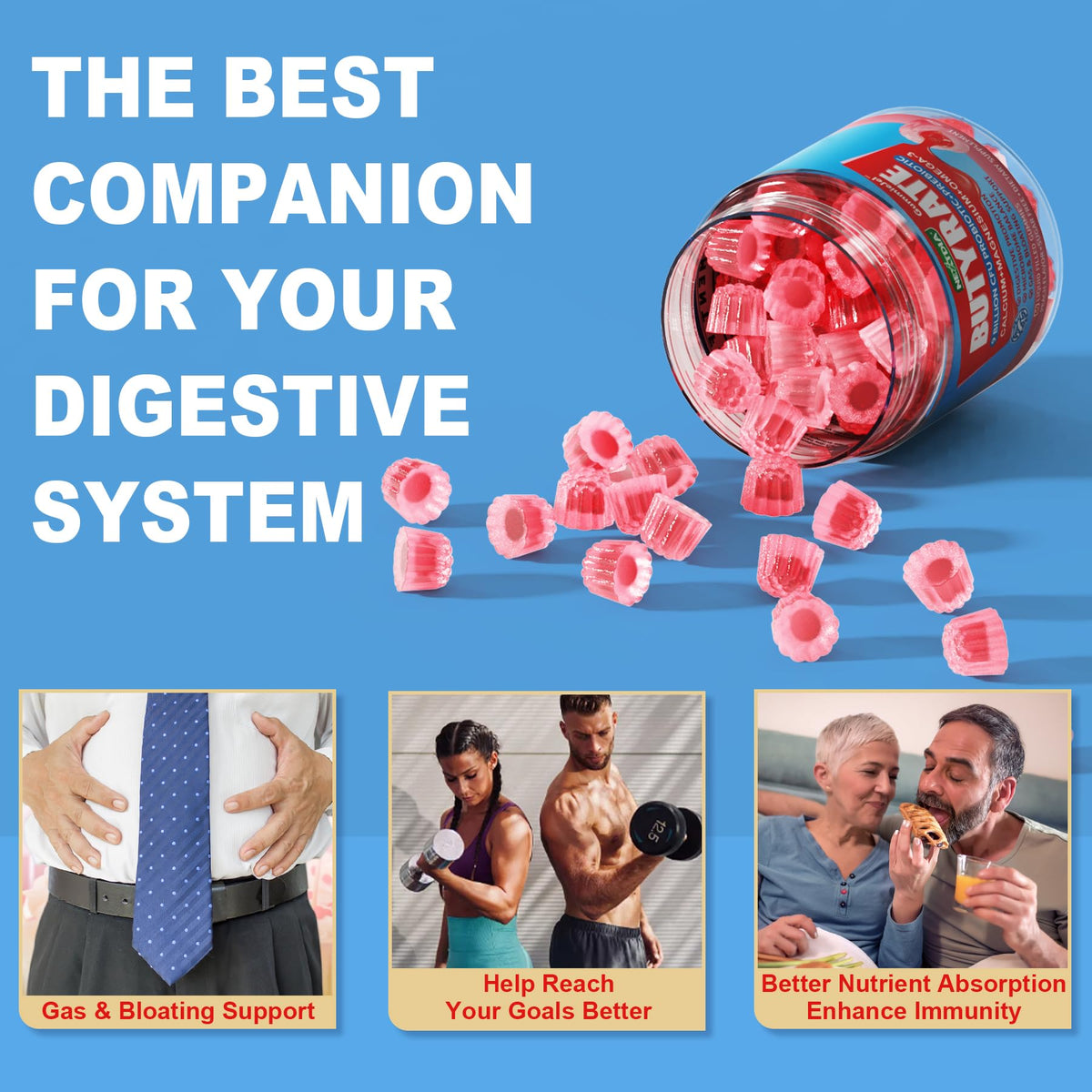 Butyrate Gummies with Probiotic + Prebiotic + Postbiotic, Omega-3 500mg,Fiber with 9 Billion CFU Probiotics, Calcium & Magnesium, Inulin,Psyllium Husk for Digestive Health,Bloating Support,Sugar Free