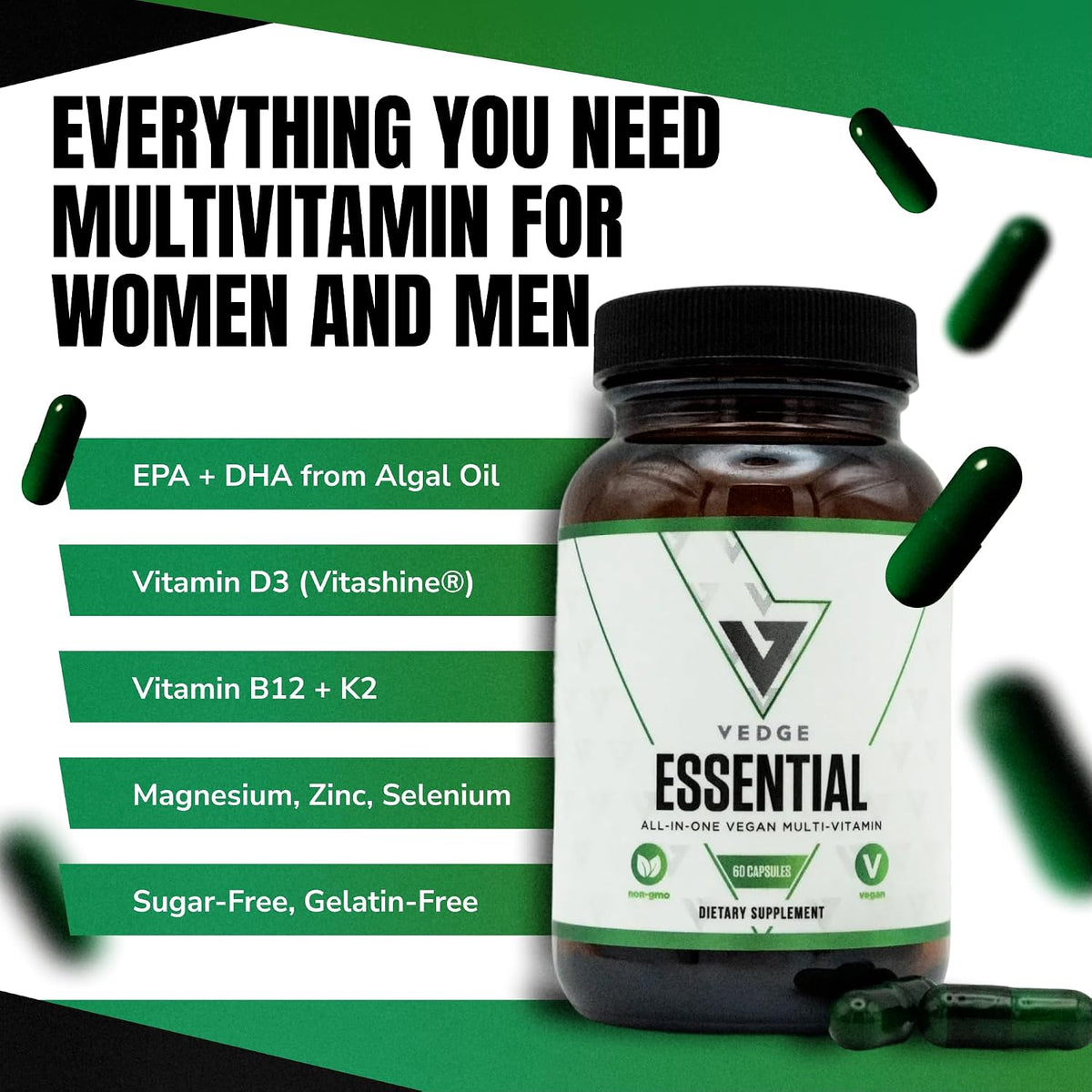 VEDGE Vegan Omega 3 Supplement, Vegan Multivitamin, Women and Men, 30 Day | Omega 3, Plant Based Algal EPA And DHA With Vitamin D3, B12, K2, Magnesium, Zinc, Selenium, Vitamin Supplements, Daily Supply