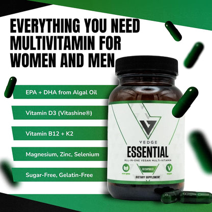 VEDGE Vegan Omega 3 Supplement, Vegan Multivitamin, Women and Men, 30 Day | Omega 3, Plant Based Algal EPA And DHA With Vitamin D3, B12, K2, Magnesium, Zinc, Selenium, Vitamin Supplements, Daily Supply