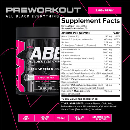 All Black Everything Pre-Workout Powder | Preworkout Energy Drink Mix | 350mg Caffeine | Beta Alanine & Citrulline | Energy Supplement for Men & Women | Baddy Berry | 30 Servings