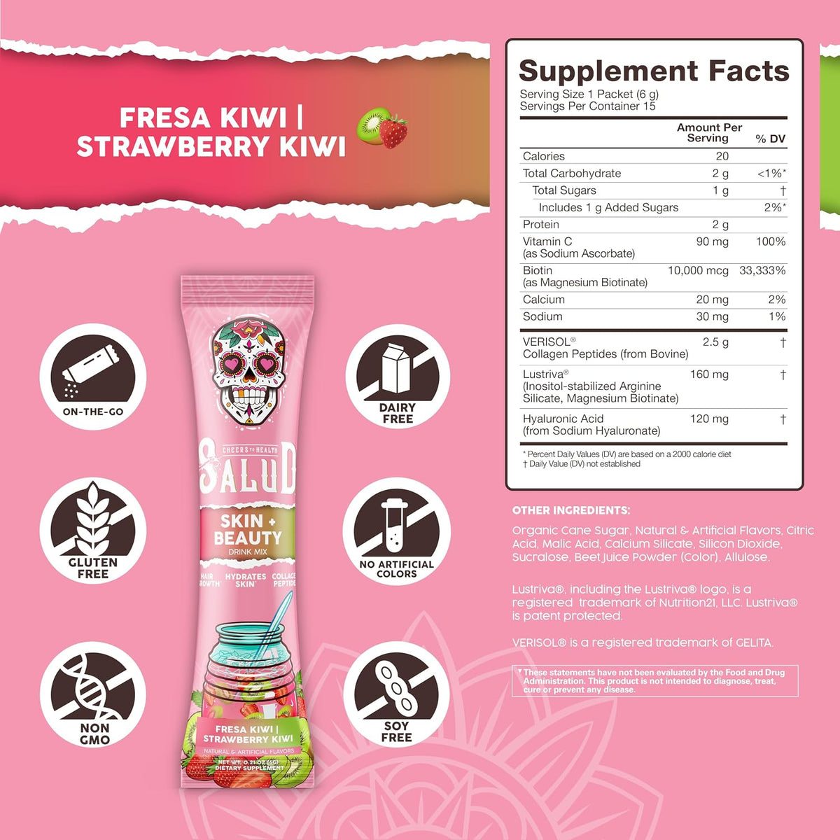 Salud 2-in-1 Skin + Beauty Drink Mix, Strawberry Kiwi | Collagen Peptides with Verisol, Hyaluronic Acid, Vitamin C, Biotin + Lustriva, Hydration Sticks, Gluten Free (15 Servings)