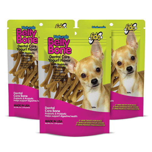 Fido Belly Bones for Dogs, Mini - 21 Count - Yogurt-Flavor Dental Treats for Small Dogs - Plaque & Tartar Control for Fresh Breath - Digestive Support - Made in USA