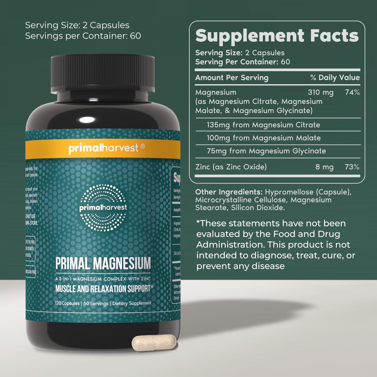 Magnesium Supplement Complex 310mg by Primal Harvest with Magnesium Glycinate, Citrate, Malate, and Zinc 120 Capsules