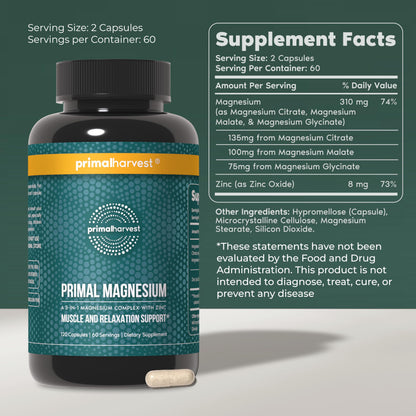 Magnesium Supplement Complex 310mg by Primal Harvest with Magnesium Glycinate, Citrate, Malate, and Zinc 120 Capsules