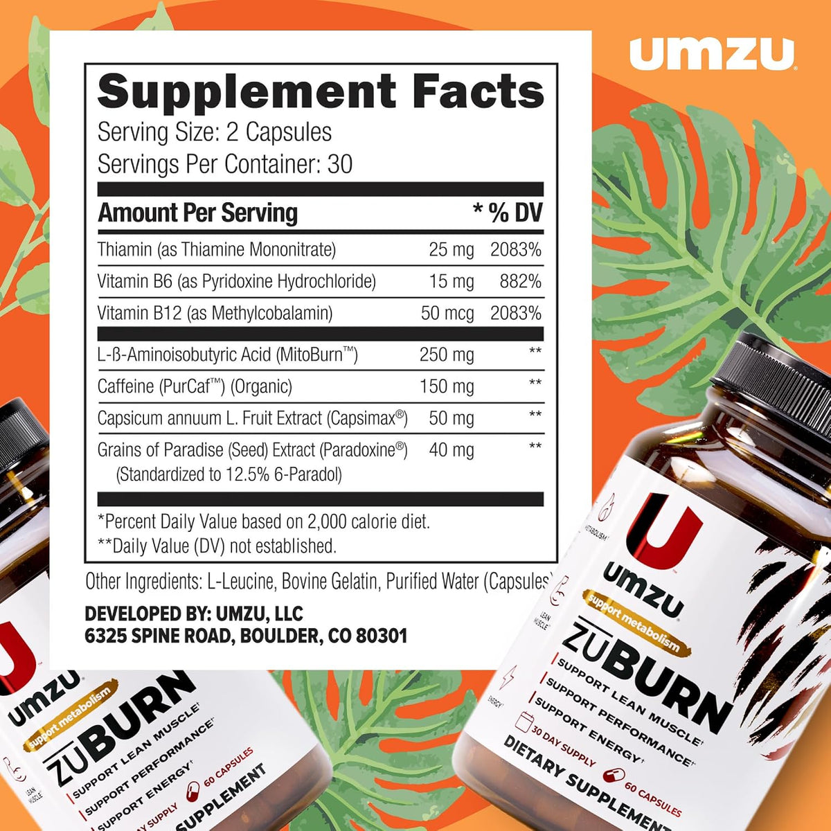 UMZU ZuBurn Energy Support Supplement, 30 Day Supply | Caffeine, MitoBurn, Capsimax, Grains of Paradise, Vitamins B6 and B12, Daily Energy, Focus, Active Lifestyle Support