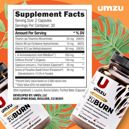 UMZU ZuBurn Energy Support Supplement, 30 Day Supply | Caffeine, MitoBurn, Capsimax, Grains of Paradise, Vitamins B6 and B12, Daily Energy, Focus, Active Lifestyle Support