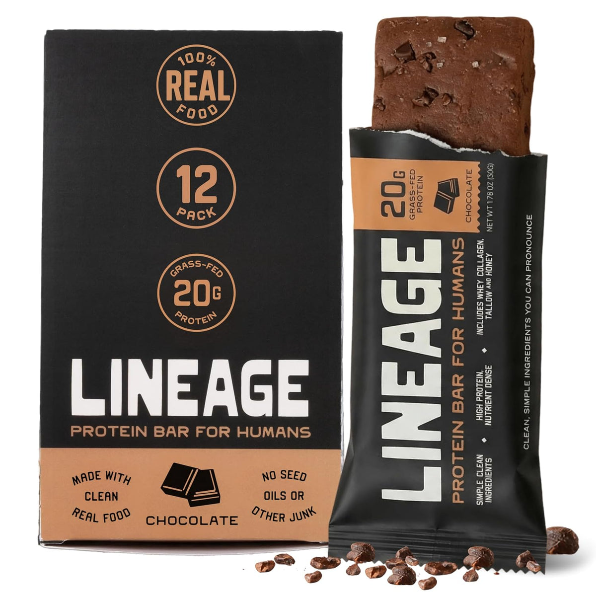 Lineage Provisions Chocolate Protein Bars, 12 Pack | 20g grass fed whey protein & collagen, gluten free, no seed oils, nothing artificial, with raw honey