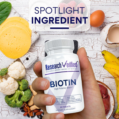 Research Verified Biotin – Pure Extra Strength Biotin 10000mcg – Hair Skin and Nails Vitamin – Third-Party Tested, Made in USA – 60 Vegan Tablets