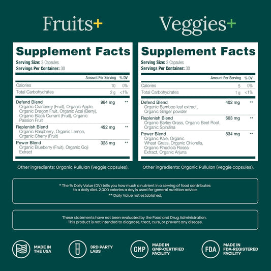 USDA Organic Fruits and Veggies Supplement, 31 Whole Foods, 180 Vegan Ct | Food berry & greens supplements blend for energy, immune & digestive support, vegan, non-GMO, gluten free, third-party tested