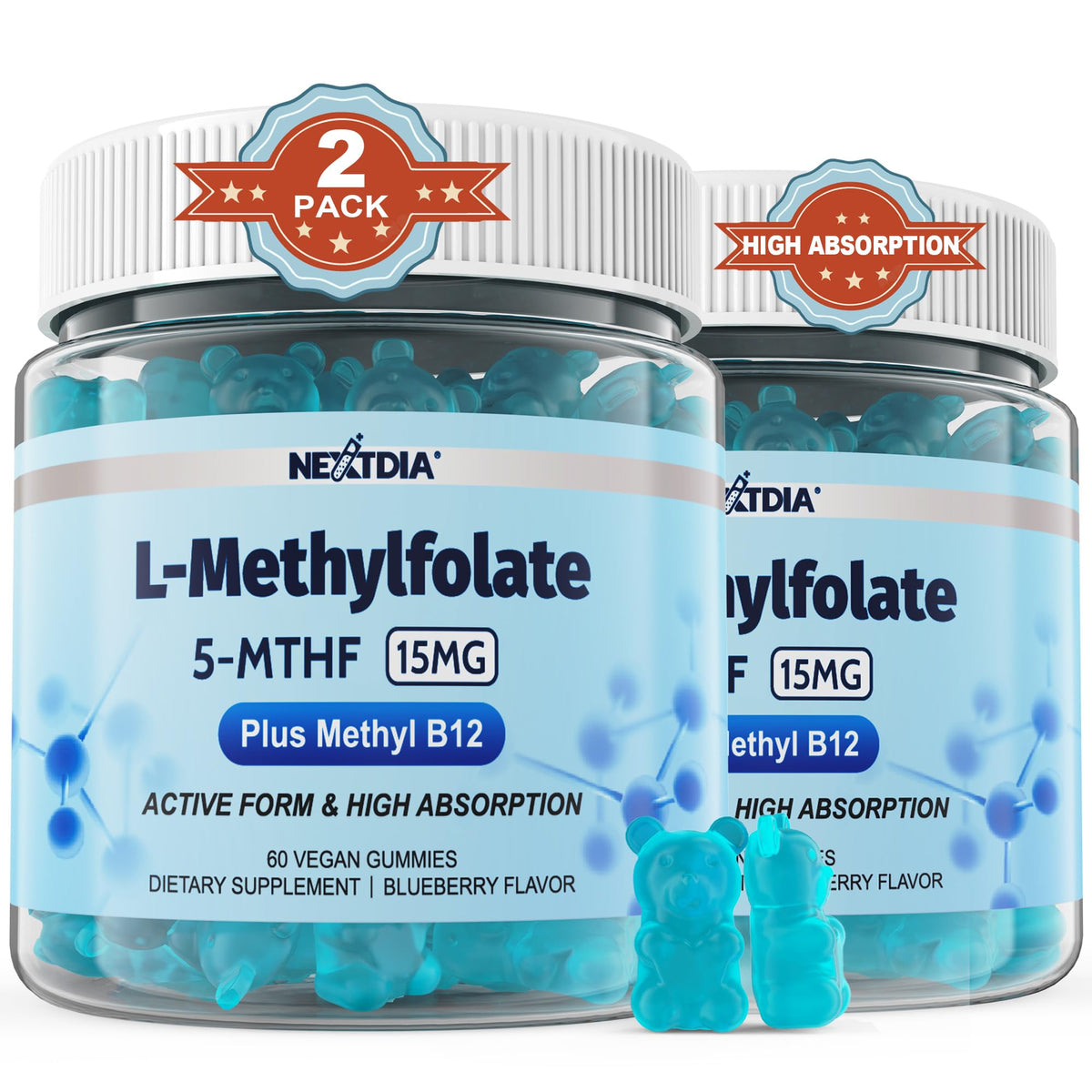 L-MethylFolate 15mg & Methyl B12 Gummies, Methylated B1, B2, B6 Multivitamins - Active 5-MTHF & High Absorption - Supports MTHFR Gene, Cognition, Homocysteine Levels, Folate Metabolism, Vegan, 120 Cts
