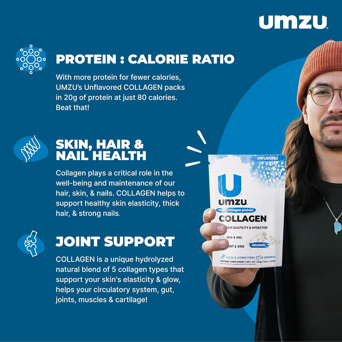 UMZU zuCollagen Collagen Peptides Powder, Unflavored | 5 Collagen Types I, II, III, V and X, Hydrolyzed Collagen Peptides, Hair, Skin, Joint and Daily Recovery Support