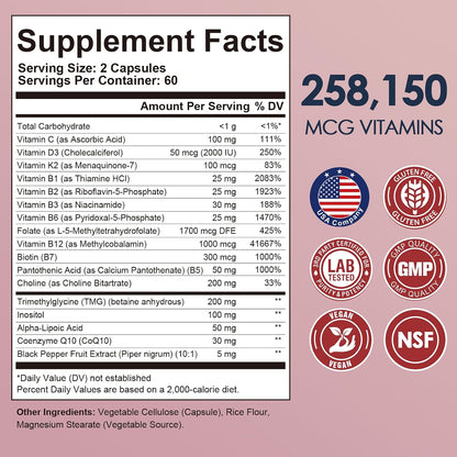 Migcopat 17-in-1 Methylated B Complex, 258,150 mcg Multivitamins, B12 Methylcobalamin, Methylfolate,Vitamin C, Vitamin D3 K2, CoQ10, Biotin, TMG, Methylated Multivitamin for Energy, Brain-120 Capsules