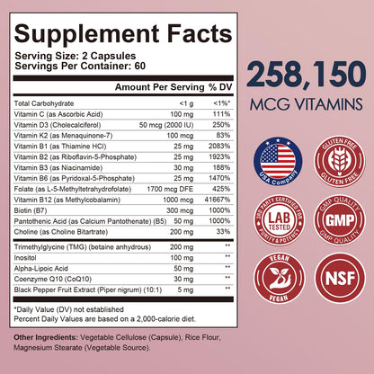 Migcopat 17-in-1 Methylated B Complex, 258,150 mcg Multivitamins, B12 Methylcobalamin, Methylfolate,Vitamin C, Vitamin D3 K2, CoQ10, Biotin, TMG, Methylated Multivitamin for Energy, Brain-120 Capsules