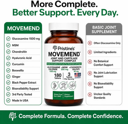 PRISTINE'S Movemend Glucosamine MSM Chondroitin Joint Support, 180 Tablets | Hyaluronic acid, Collagen Peptides, Vitamin C, Boswellia, Curcumin, Ginger, and Black Pepper For Joint Comfort and Mobility.