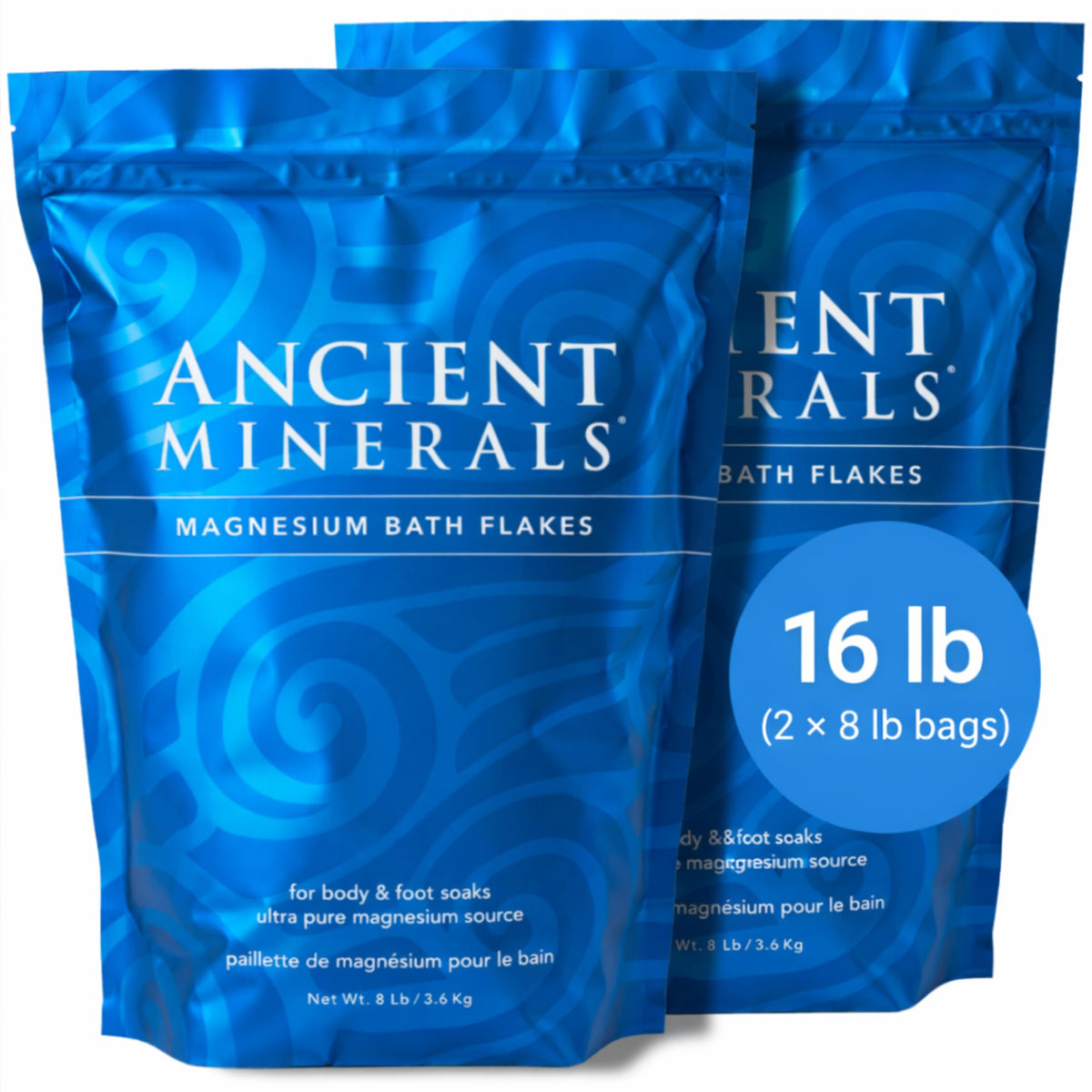 Ancient Minerals Magnesium Bath Flakes, Epsom Salt Alternative, 8lb | Pure Zechstein magnesium chloride flakes for soaking & whole-body replenishment. 8 lb resealable bag.