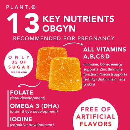 PLANT.O NUTRITION Prenatal Gummies for Women with DHA, Folate, Vitamin B C D | Delicious Multivitamin Blend for Fetal and Neural Support, Bones, Energy & Immunity During Pregnancy