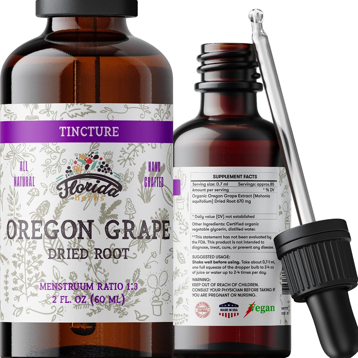 Oregon Grape Tincture, Organic Oregon Grape Extract (Mahonia aquifolium) - Non-GMO in Cold-Pressed Organic Vegetable Glycerin 2 oz
