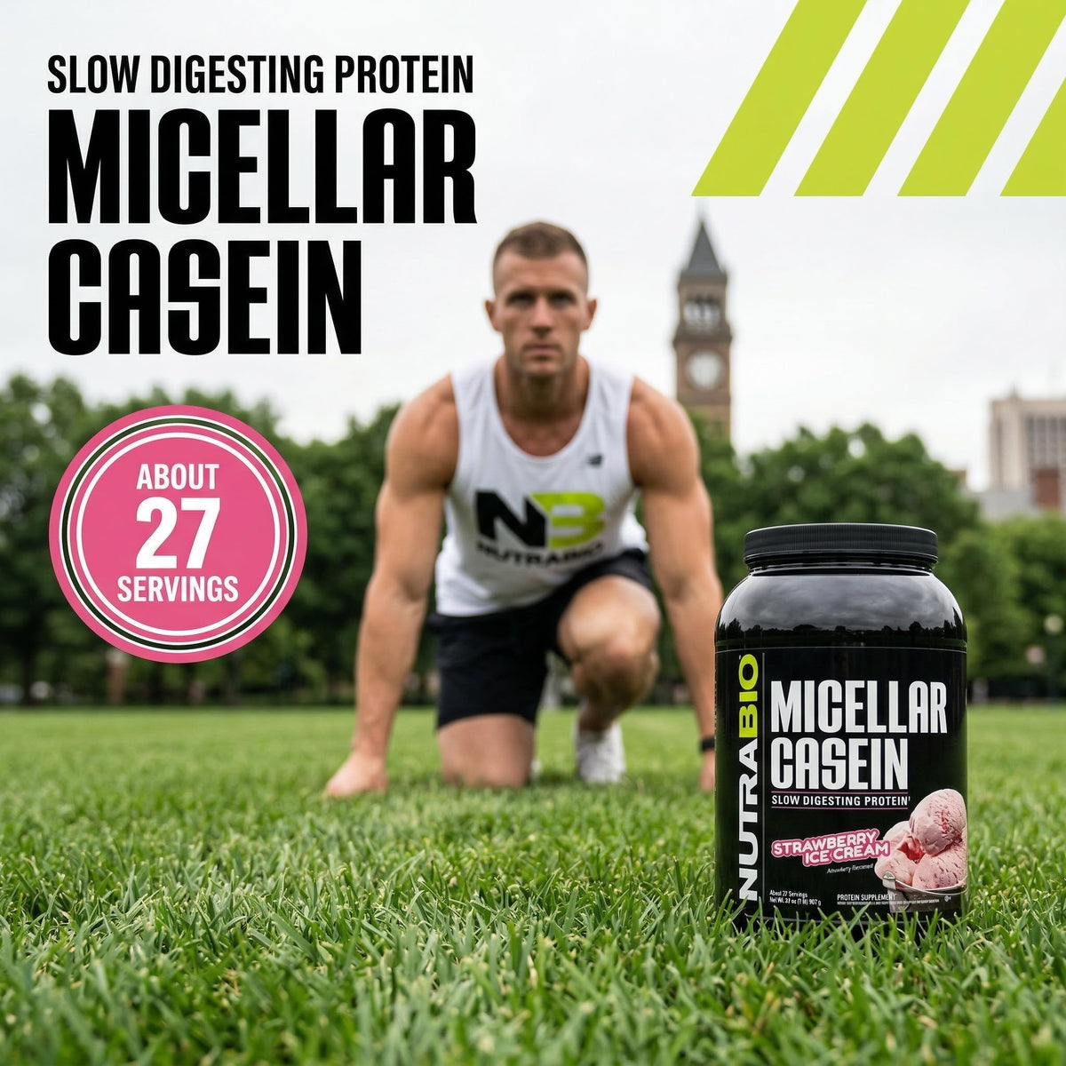 NutraBio Casein Protein Powder, Micellar Casien Powder, 25g Slow Digesting Protein, Helps Keep You Full, Overnight Muscle Recovery & Growth, BCAA & EAA, Gluten Free, Soy Free, 2lb Strawberry Ice Cream
