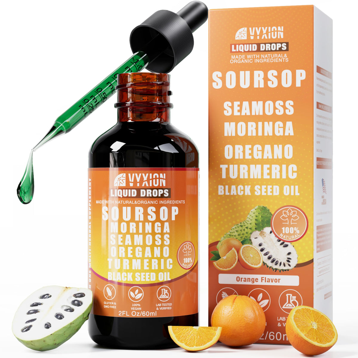 Soursop Bitters Liquid Drops 10 in 1 with Sea Moss, Moringa, Turmeric, Black Seed Oil, Oregano, Ashwagandha | Herbal Extracts for Overall Health-Enhancing |Vegan, Non-GMO| 2 Fl Oz(Mixed Berry Flavor)