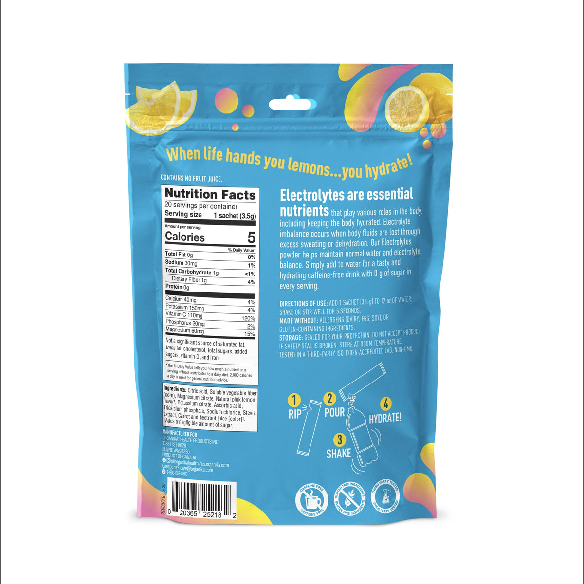 Organika Daily Electrolytes Powder Variety Pack with Vitamin C & Prebiotic Fiber – 21 Single-Serve Sachets (Lemonade, Raspberry, Pineapple Passion Fruit), Sugar-Free, Caffeine-Free
