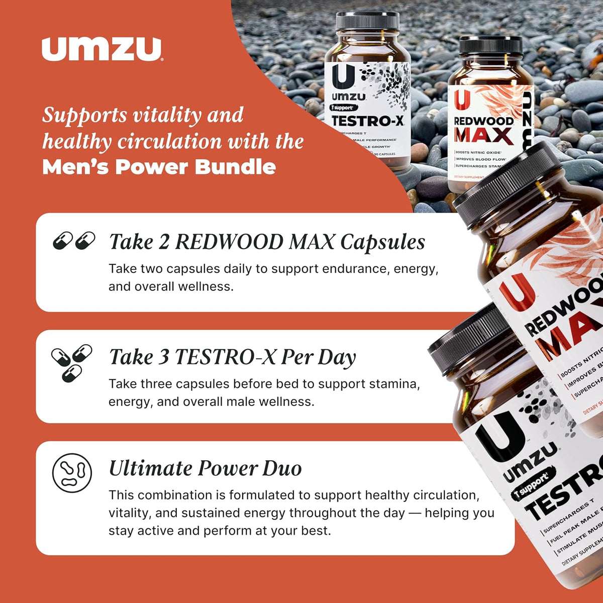 UMZU Redwood Max & Testro-X Performance Support Bundle | Nitric Oxide Circulation Formula + Men’s Daily Vitality Complex | Supports Blood Flow, Energy, Focus, Recovery & Active Lifestyle Routine