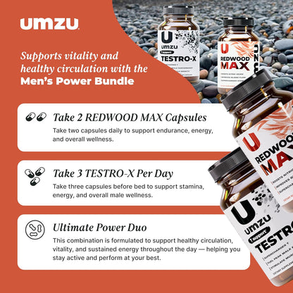 UMZU Redwood Max & Testro-X Performance Support Bundle | Nitric Oxide Circulation Formula + Men’s Daily Vitality Complex | Supports Blood Flow, Energy, Focus, Recovery & Active Lifestyle Routine