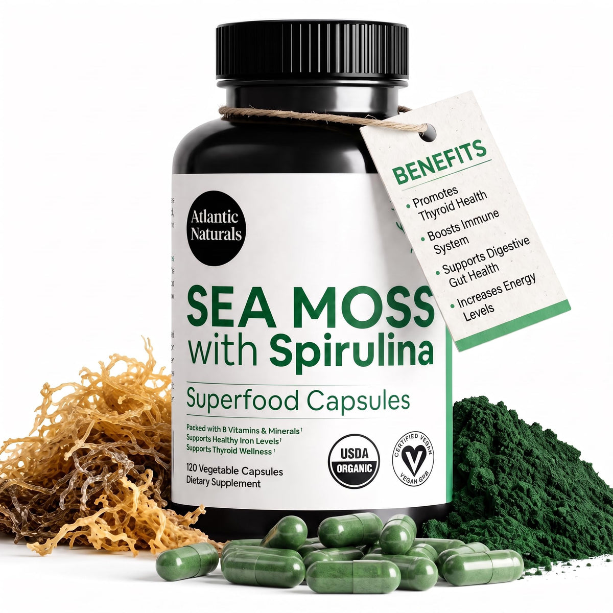 Atlantic Naturals Sea Moss with Beet Root Capsules - Premium Quality Multivitamin Supplement - Sea Moss Superfood to Support Immune Health, Blood Flow, Joint Health & Athletic Performance - 120 ct